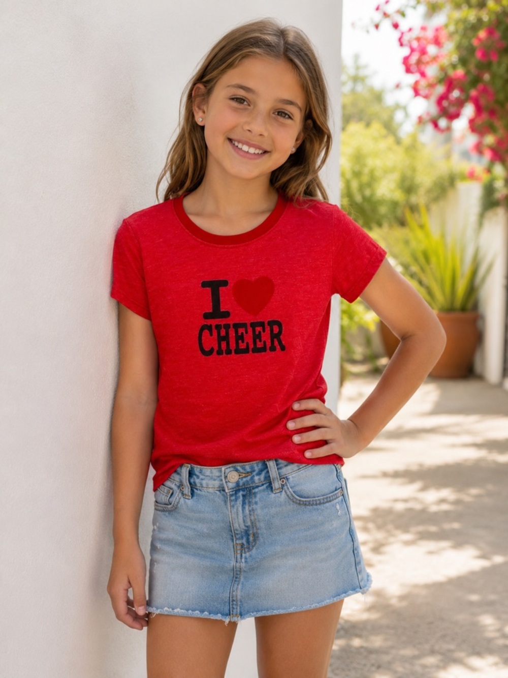 Andi & Leo - Girl's "I ❤️ CHEER" Vintage Red Crewneck T-Shirt - Size: XL
